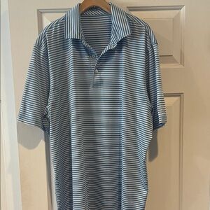 Vineyard Vines Men's Blue and White Striped Polo Shirt-Volvo logo on sleeve